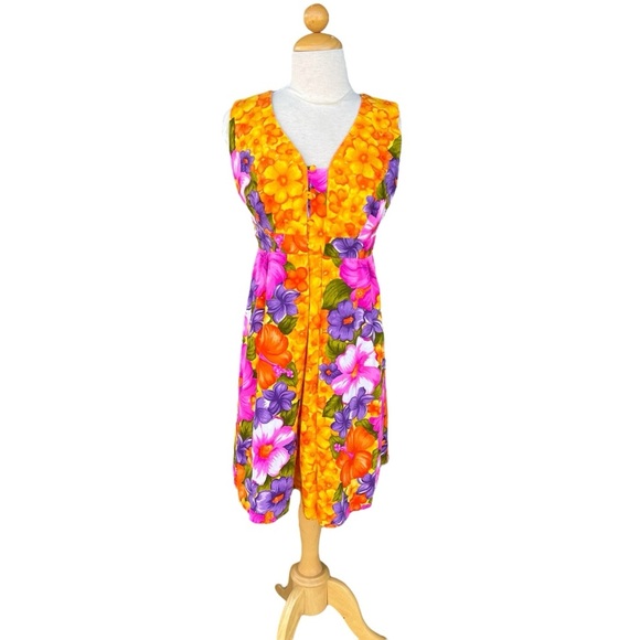 VTG Hawaiian Togs Barkcloth Tiki Mini Dress Bright Colorful Hibiscus Plumeria XS - Picture 1 of 16